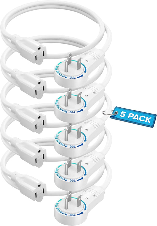 Extension Cord 1 Foot White Flat Plug, 360° Rotating Short Power Cord Single Outlet, Indoor 16 Gauge 3 Prong Grounded Wire UL Listed (1Ft White)
