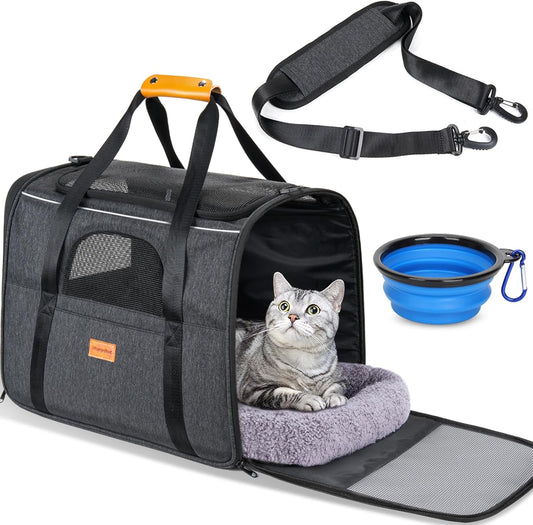 Cat Carrier - Cat Carrier Soft for Medium or Large Cats up to 20Lbs, with Dual-Sided Cushion, Secure Buckle and Foldable Bowl, Dog Carriers for Small Dogs - Pet Carrier (Dark Gray)
