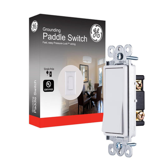 Grounding Paddle Rocker Switch, Single Pole, in Wall On/Off Power Switch Replacement for Ceiling Fans & Lights, 15 Amp, Great for Home, Office & Kitchen, UL Listed, White, 50726